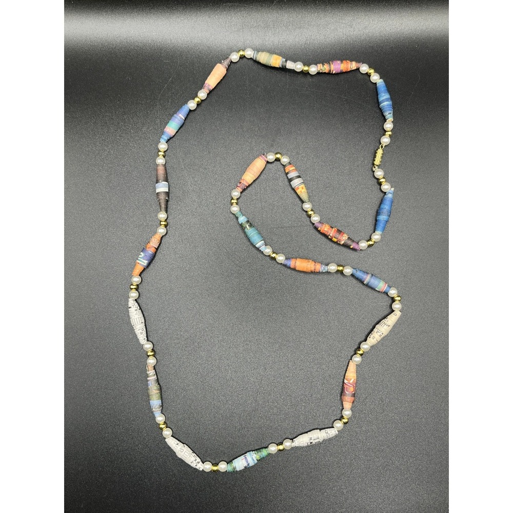 Paper Bead Necklace Colorful Artisan Statement Jewelry Boho Handmade Faux Pearls